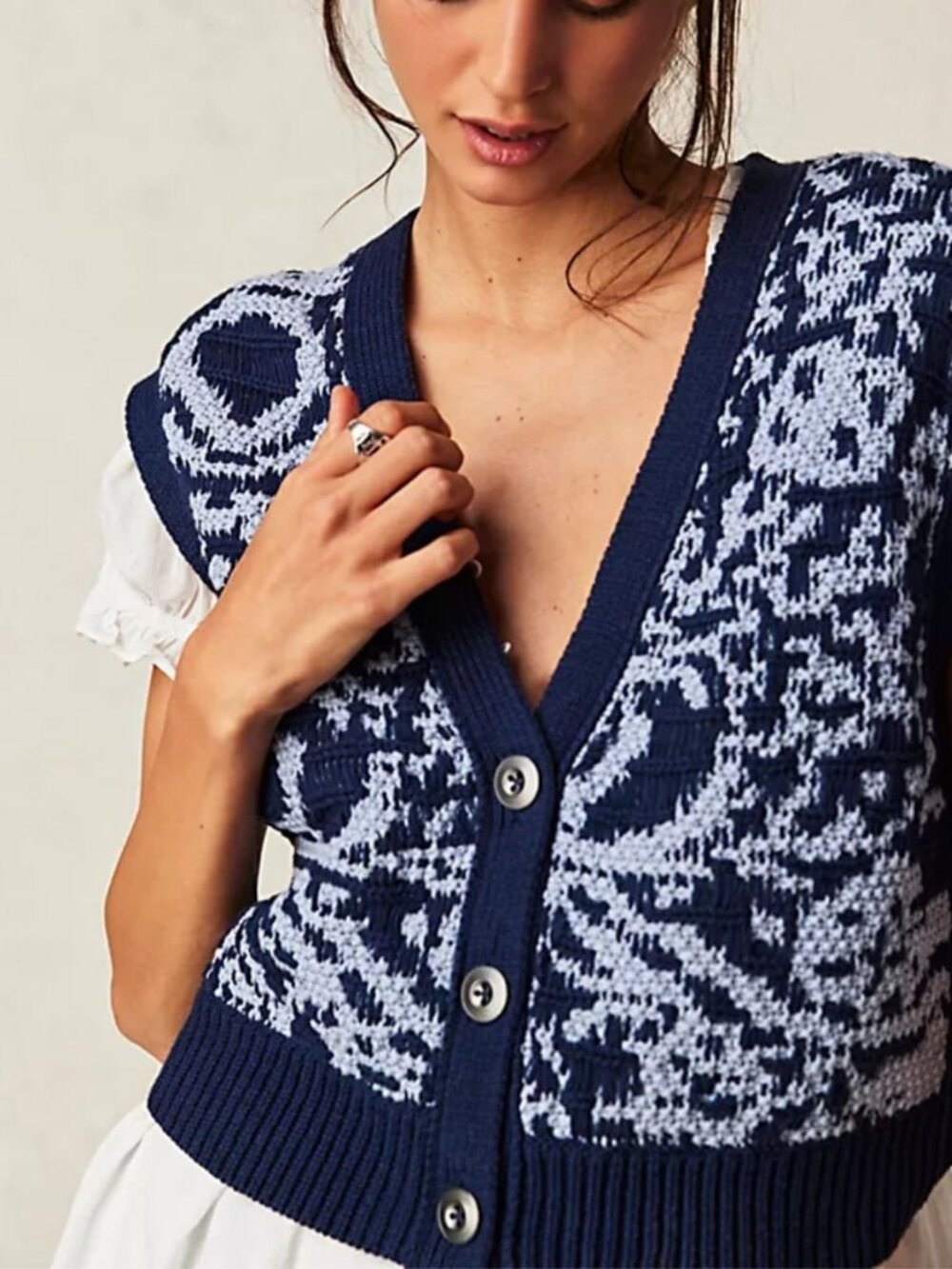 Free People Tapestry Sweater Vest L Blue Boho Cropped Button-Front Cottagecore